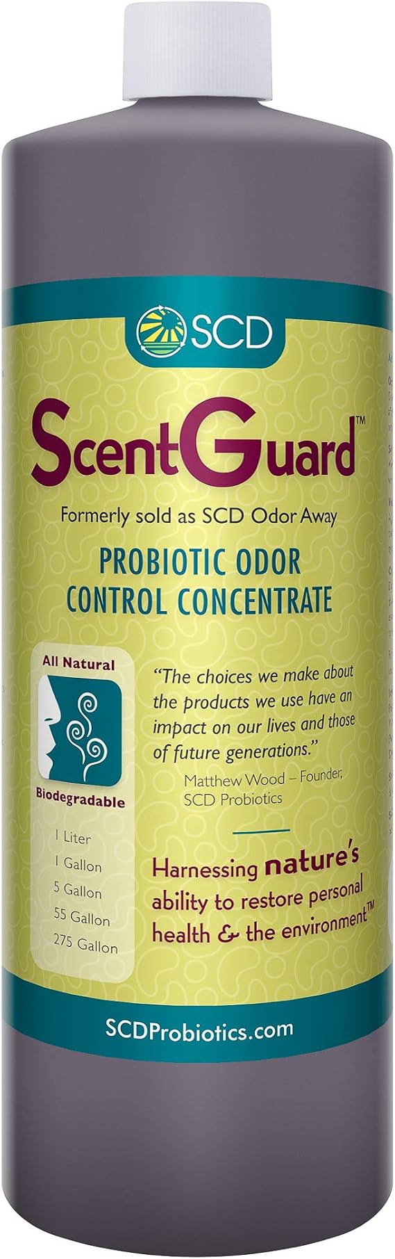 SCD ScentGuard Probiotic Odor Eliminator & All-Natural Cleaner Concentrate Bio-Enzymatic Deodorizer for Drains, Grease, Pets, Compost, Livestock, Waste & Home Use Non-Toxic, OMRI Listed (1 Liter)