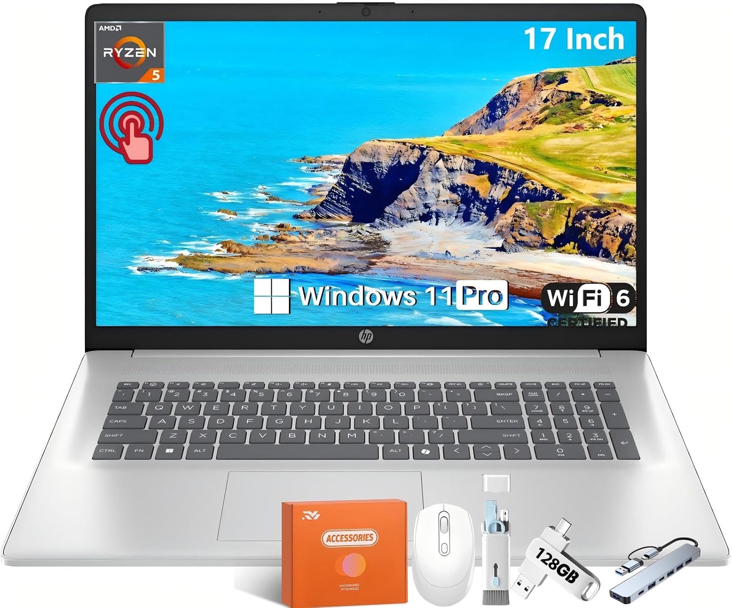 HP 17 Laptop Computer, 17.3 HD Touchscreen 1600x900, AMD Ryzen 5 7430U 6-Core, 64 GB RAM, 2 TB SSD, AMD Radeon Graphics, Wi-Fi 6, Bluetooth 5.4, HD Webcam, Fast Charge, Copilot Key, Win 11 Pro