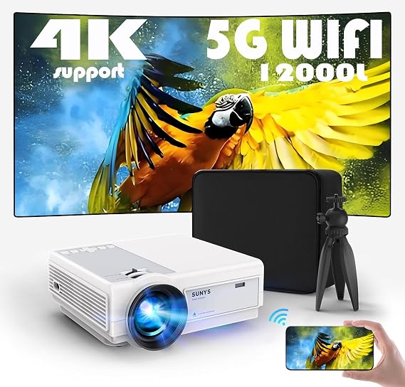 Mini Projector with WiFi Android Systerm , 12000L Native 1080P HD Projector 4K Supported, Portable Phone Projector for Android and IOS, HDMI/USB/PC/TV Stick/Switch Supported (White)