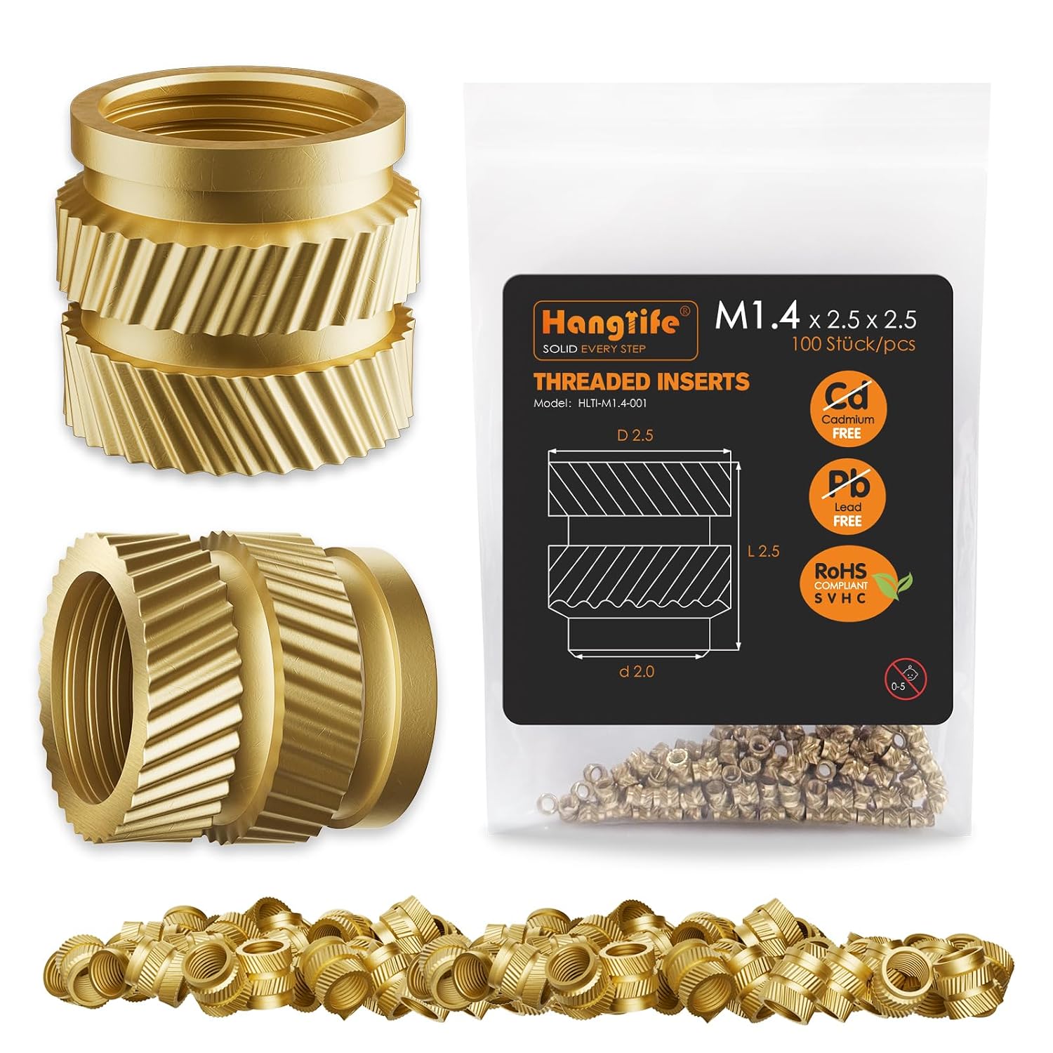HANGLIFE Threaded Inserts for Plastic, M1.4 Heat Set Insert for 3D Printing Components and Plastic Parts - Brass Metric Knurled Nuts (100 Pieces)