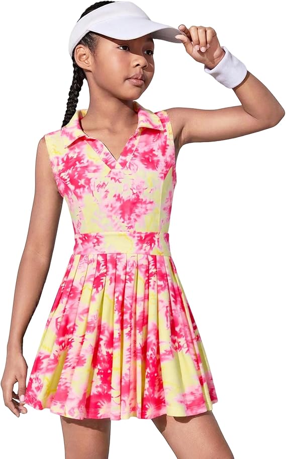 JiAmy Girls Tennis Dress Sleeveless Golf Outfits Polo Pleated Dresses | V Neck Athletic Dress Golf Dresses Kids Fashion Back Cutout Dress Sports Activewear for 3-12Y