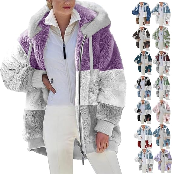Fuzzy Fleece Jacket for Women Long Sleeve Open Front Loose Outerwear Patchwork Fluffy Sherpa Hoodies Coat Pockets