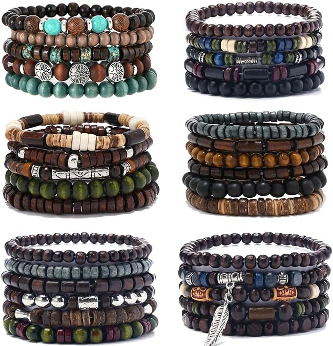 FIRAZIO 32 Pcs Wooden Beaded Bracelets for Men | Adjustable Pulseras Para Hombres Set, Mens Bracelet Meaningful Gift