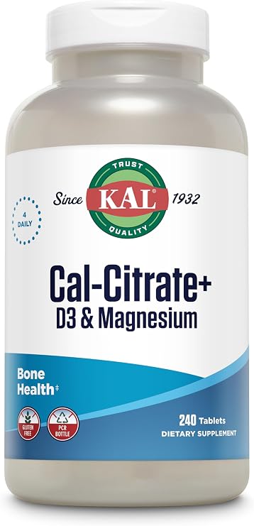 KAL Cal-Citrate+, Calcium Citrate Plus Vitamin D-3 and 500 mg of Magnesium, Healthy Bones and Teeth Support, Gluten Free and Lab Verified for Quality, 60 Servings, 240 Tablets