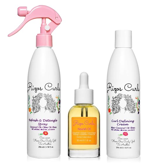 Rizos Curls LOC Method Bundle, Refresh and Detangle Spray & Nourish Oil & Curl Defining Cream Bundle, Add Deep Moisture while Detangling and Adding Shine