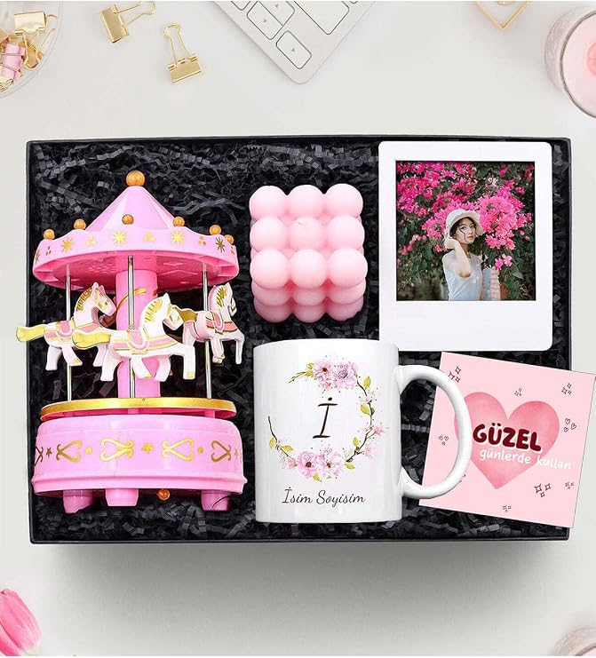 İnstagram Çerçeve & Atlı Karınca Müzik Kutusu & Pembe Bubble Mum & Kupa Hediye Seti
