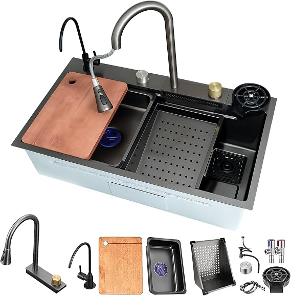 75 x 45 cm Waterfall Kitchen Sink 1 Basin Black Multifunctional Stainless Steel Bar Sink with Extendable Taps Chopping Board Siphon Overflow and Drain Set Complete Accessories Countertop Sink