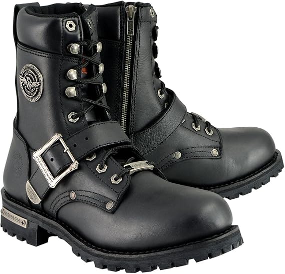 Milwaukee Leather Men's Black Leather Lace-Up Engineer Motorcycle Boots w/Buckles and Side Zipper MBM101-10
