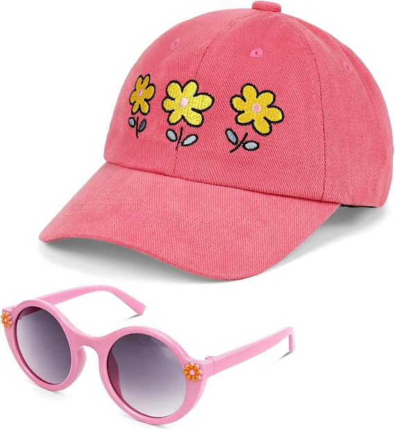 Girls Baseball Cap Sunglasses Set, Adjustable Kids Trucker Hat Cute Toddler Sun Cap Summer Outdoor Baseball Hat for Girls 2-6 Years