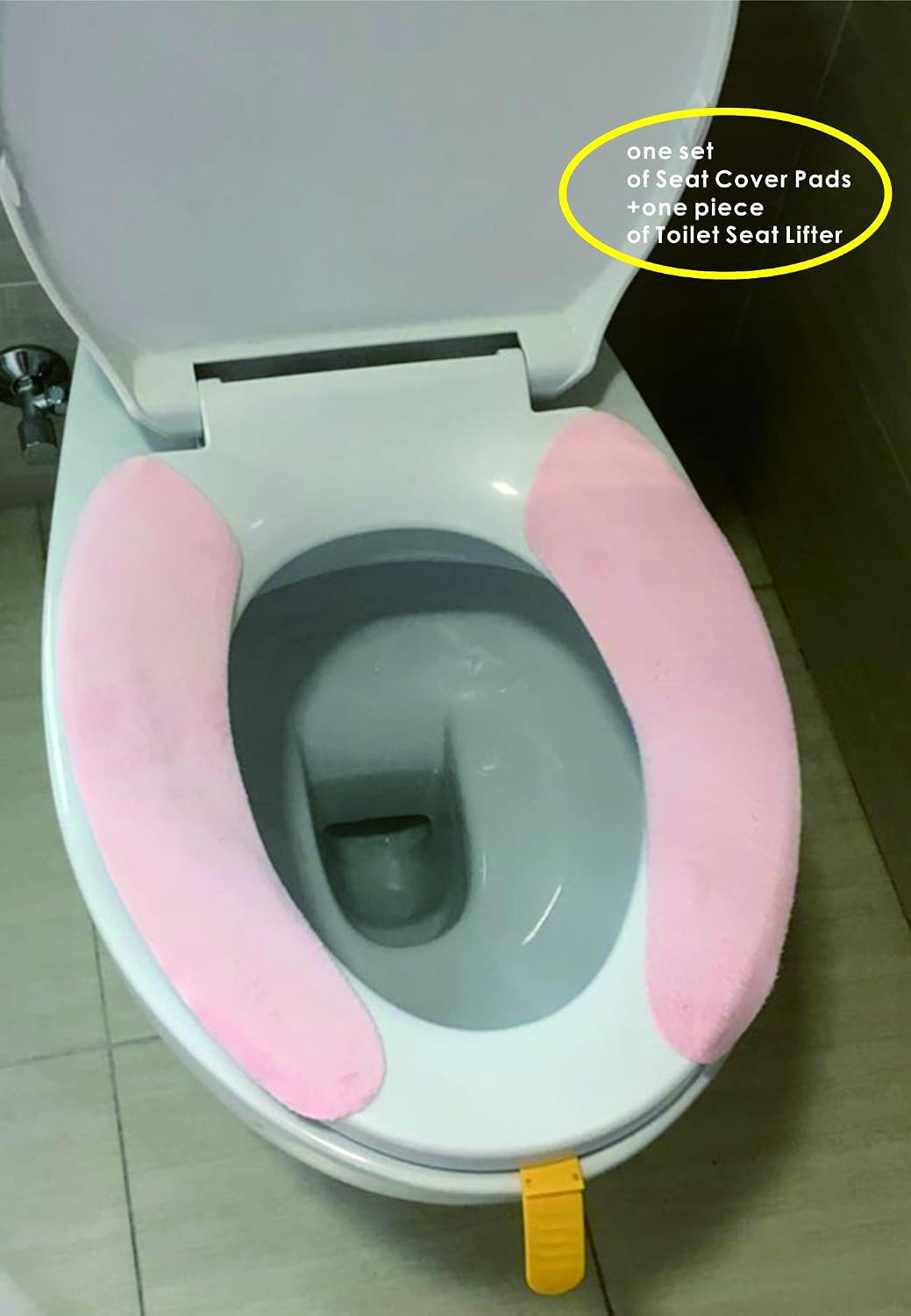MEYA Bathroom Accessory Sets,One Pair Silicone Sticky Bathroom Warmer Washable Health Toilet Seat Cover Pads Plus One Piece of Folded Toilet Seat Lifter Pink Pads and Yellow Lifter