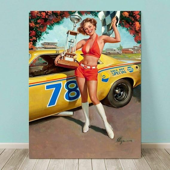 VINTAGE Pin-up Girl CANVAS PRINT Gil Elvgren Napa Champion Car Racing Paintings Oil Painting Original Drawing Poster Photo Wall Art (8x10inch NO Framed)
