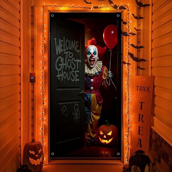 Halloween Door Cover Decoration Creepy Clown Welcome to Ghost House Entrance Banner Signs Doorway Backdrop with Pumpkin and Balloon Scary Haunted House Party Decor for Halloween Home Outdoor Props