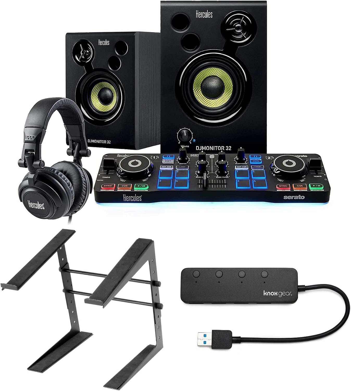 Hercules DJ Starter with Serato DJ Lite Controller and DJMonitor 32 Active Speakers Bundle With Headphones, Laptop Stand and 4-Port USB 3.0 Hub 3 Items
