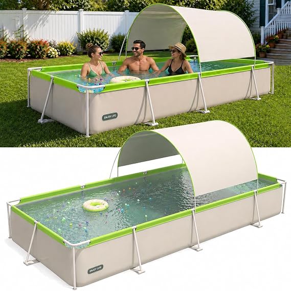 167 Large Foldable Pool with Canopy, Non Inflatable Pool, Foldable Swimming Pool for Adults, Above Ground Pool with Shade, 167 x 81 x 26 in, Gray Green