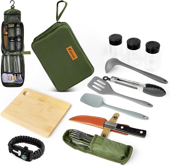Mini Camping Accessories Kitchen Utensil Set,12 Pcs Camping Utensils Organizer Travel Kit with Multifunctional Cutlery,Storage Bag