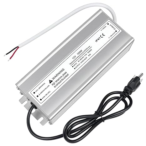 LightingWill 12V 100W LED Power Supply, Waterproof IP67 LED Driver, 90-265V AC to 12V DC Low Voltage Transformer with 3-Prong Plug 3.3FT Cable for LED Strip Lights and Outdoor Lighting