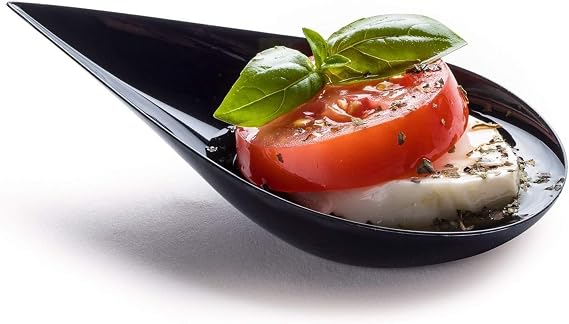 DLux 100 4-in Tear Drop Mini Appetizer Plates, Reusable Black Plastic Spoons - Desserts and Appetizers Dishes Serving Plate - Asian Spoon Set, Small Catering Dessert Tasting Cups - with Recipe Ebook