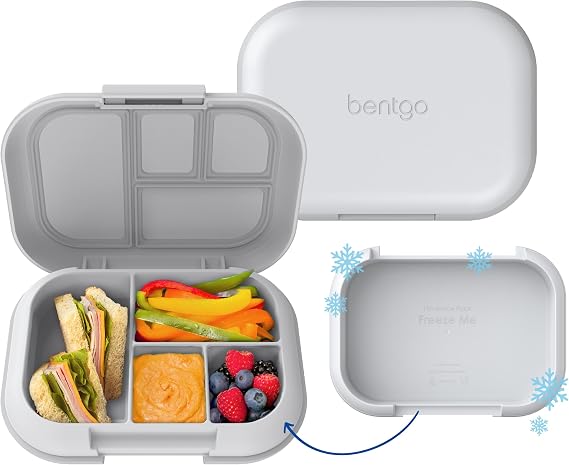 Bentgo Chill Kids 4-Compartment Bento Box Leakproof Lunch Box | Built-In Ice Pack, 3.3 Cup Capacity, BPA-Free, Microwave & Dishwasher Safe Tray, Ideal for Ages 37 (Gray)