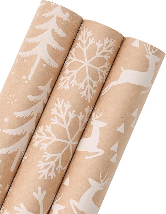 WRAPAHOLIC Kraft Christmas Wrapping Paper Roll - Mini Roll - 3 Rolls - 17 Inch X 120 Inch Per Roll - White Christmas Tree, Reindeer, Snowflake Holiday Collection