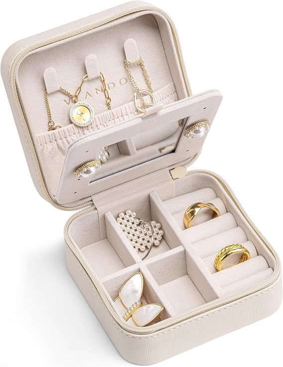 VLANDO Bridesmaid Gifts - Small Travel Jewelry Box Organizer - Wedding Gifts for Girls Women Rings Earrings Necklaces Storage with Mirror - Milky White