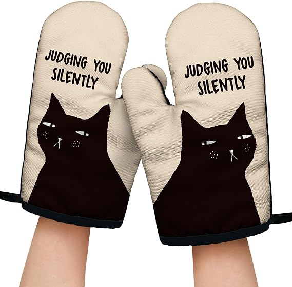 Judging You Silently Funny Black Cat Oven Mitts with Hanging Loop and Silicone Non-Slip, Cute Cat Baking Kitchen Utensils 2-Piece Set, Gifts for Mom Aunt Sister BFF Cat Lover Colleague