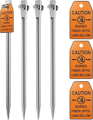 4 Pieces Orange Safety Warning Tag with Mark Rod, 2.4 4 for Caution Buried Fiber Optic Line Below