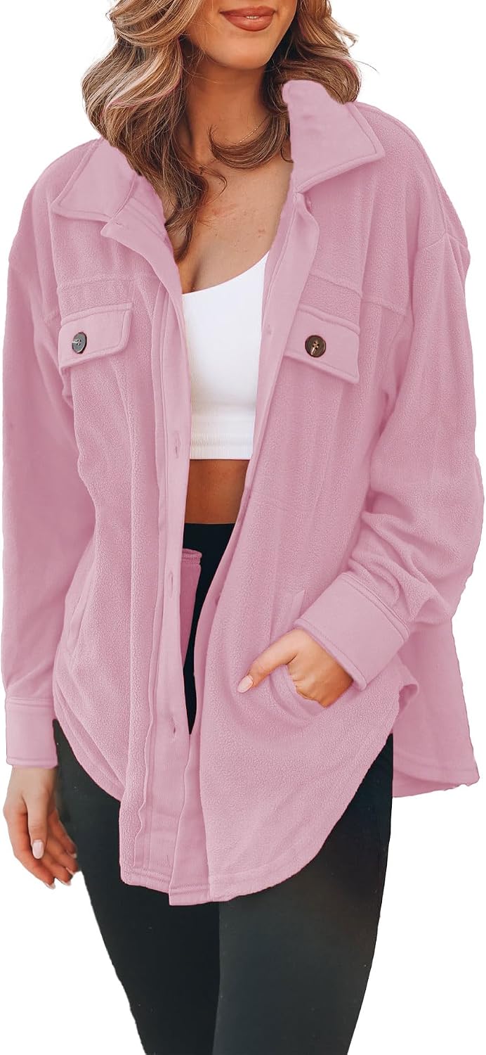 SOMTHRON Womens Fleece Cardigan Long Sleeve Oversized Shacket Sherpa Shirt Jacket Button Down Lapel Collar Blouses Tops