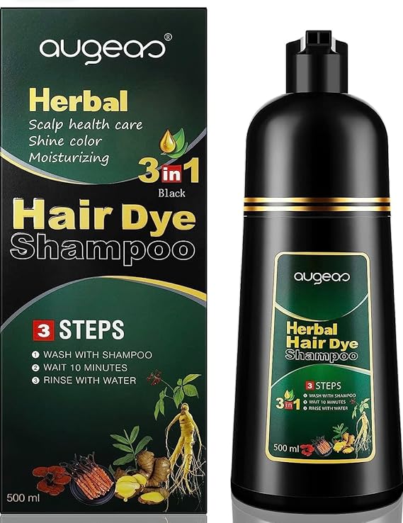 "AUGEAS 500ML Black Hair Shampoo Permanent Color , Dye 3 IN 1 Organic Herbal Natural Fast Coloring for Men Women Cover Grey White Hair (DARK BROWN)"