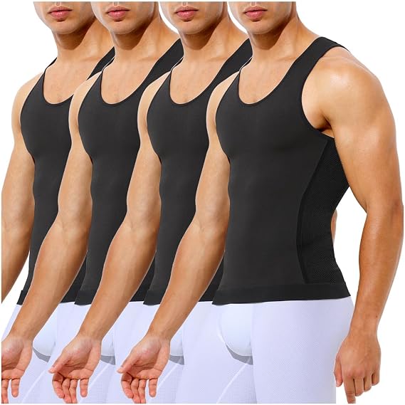 Casey Kevin Mens Compression Shirt Sleeveless Gynecomastia Tank Top Slimming Shapewear Undershirts Tummy Control Vest 4 Pack