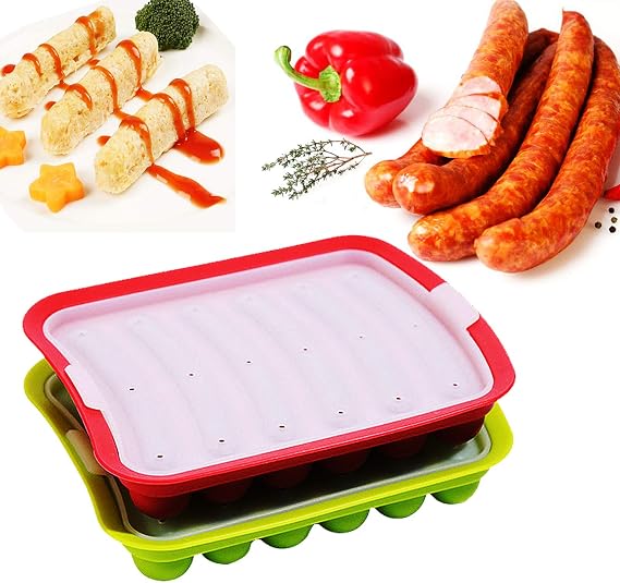 Silicone Non-Stick Sausage Mold - DIY Children's Hot Dogs Baking Mold for Egg and Baby's Supplementary Food, Ice Candy Jelly Chocolate Mould (Green + Red)