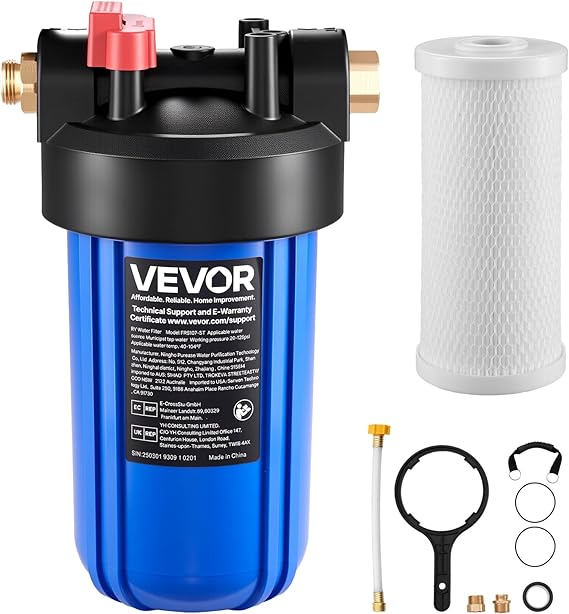 VEVOR RV Water Filter, 4.5 x 10 in Water Filter System with Replaceable Cartridge for RV, Remove Sediments, Chlorine, Bad Tastes, Odors, and Most Contaminants, RV Filter for Campers, Boats