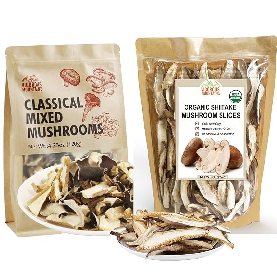 VIGOROUS MOUNTAINS Dried Mixed Mushrooms Blend and Organic Sliced Shiitake Mushrooms 8Oz