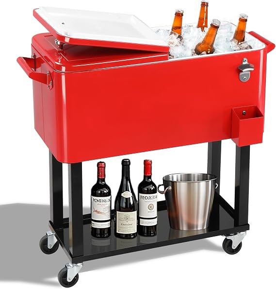 80 Quart Rolling Ice Chest, Portable Patio Party Bar Drink Cooler Cart, with Shelf, Beverage Pool with Bottle Opener
