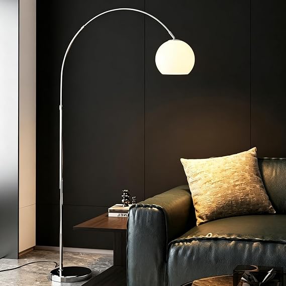 Arc Floor Lamp for Living Room, Orange Glass Shade Standing Lamp, Adjustable Height & Reach Arched Floor Lamp, Iron Tall Lamp with 10W LED Bulb, Foot Switch for Bedroom Office Reading