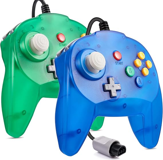 KIWITATA 2 Pack Mini N64 Controller, Retro N64 Wired 64-bit Remote Upgraded Joystick Game Pad Controller for N64 Video Console Clear Blue & Green