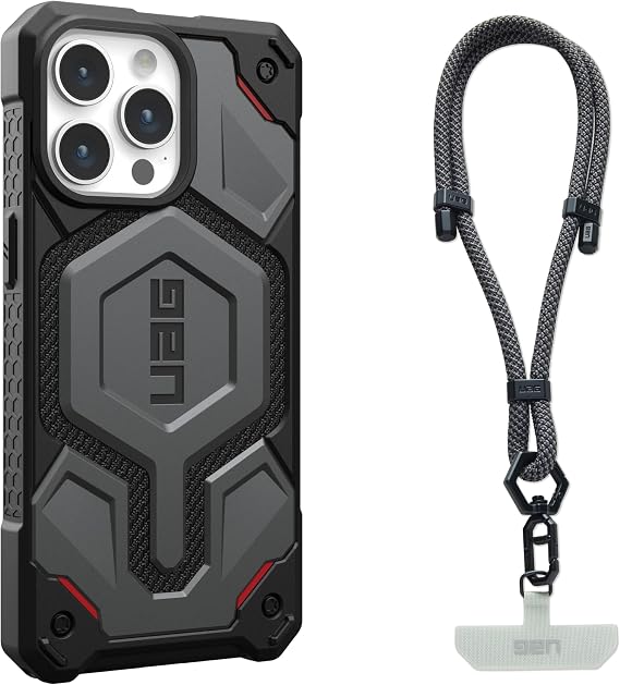 URBAN ARMOR GEAR UAG Designed for iPhone 15 Pro Max Case Monarch Pro Kevlar Silver 6.7" Bundle with UAG Civilian Phone Lanyard Adjustable Wrist Strap Graphite/Black