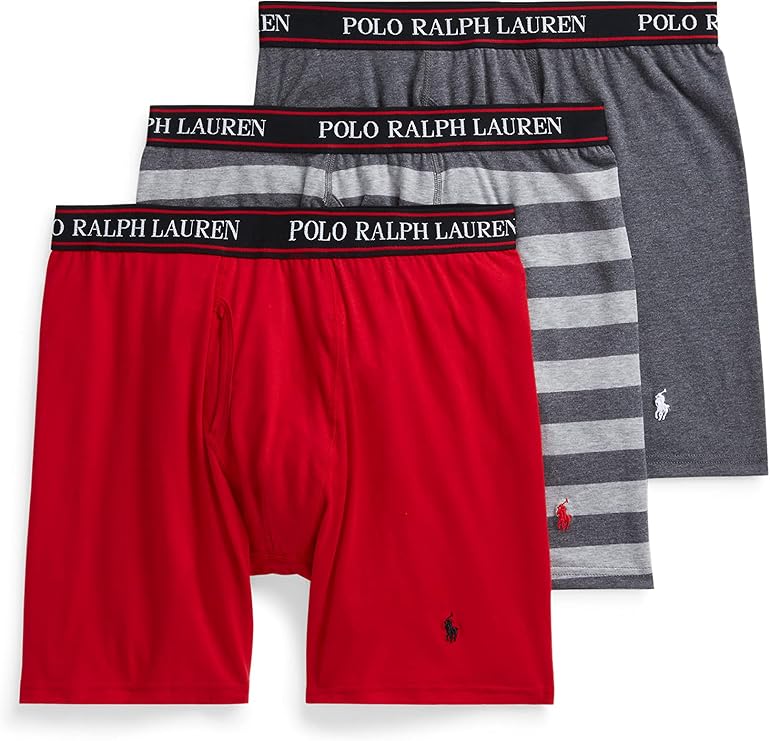 POLO RALPH LAUREN Men's Stretch Classic Fit Boxer Briefs, Trunks & Long Leg Available, 3-Pack, RL2000 Red/Charcoal Heather & Andover Heather Stripe/Charcoal Heather, Small Tall