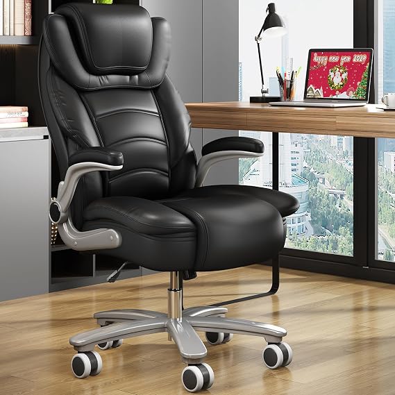 Executive Office Chair, Big and Tall Office Chairs for Heavy People 400lbs Wide Seat, High Back Leather Office Chair Lumbar Support with Adjustable Armrest, Office Desk Chair (Black)
