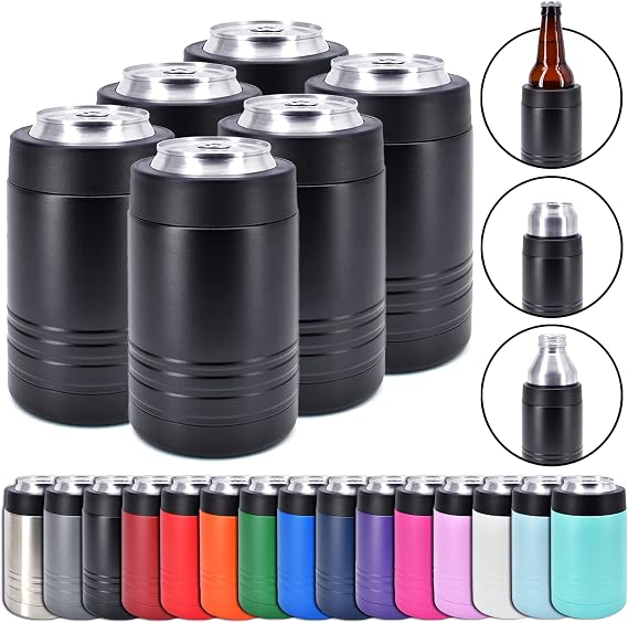 Clear Water Home Goods 12 oz 4-in-1 Can Cooler Black (6-Pack) | Double Wall Vacuum Insulated 18/8 Stainless Steel, Fits 12 oz Cans & Bottles and 16 oz Cans, Powder Coated