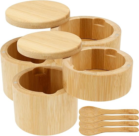 2Pcs Bamboo Salt Cellar with Magnetic Lid & 4 Spoon,Double Layers Salt Spice Box,Multipurpose Rotatable Salt Container Holder for Kitchen Countertop