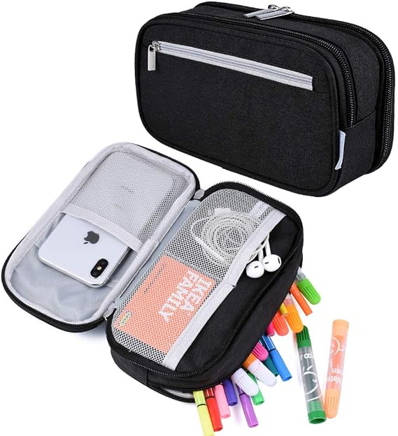 Large Pencil Case Big Capacity Pencil Cases Pencil Bag Pen Pouch, 3 Multi Compartments Stationery Office School Supplies High Storage Organiser for Boys Girls Teenage Adult Makeup Bag, Black