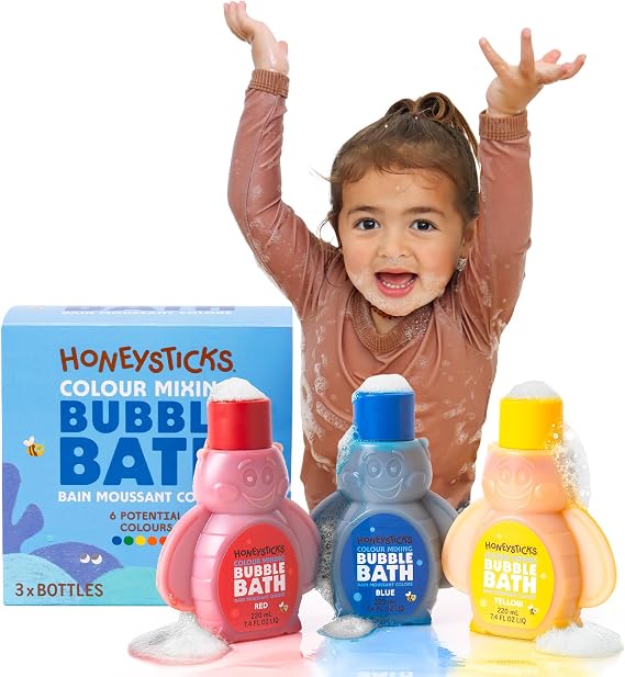 Honeysticks Kids Bubble Bath (3 Pack), Creates Color and Bubbles, Non Toxic | Super Foaming Bubbles Plus Changes Water Color (Blue, Red, Yellow) - Plant Based, Non Irritating - Toddlers 1-3, Kids 4-8