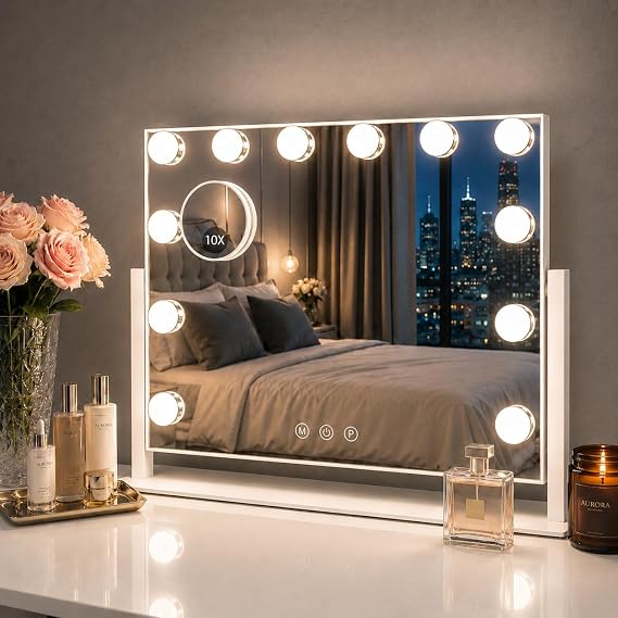 Sucedey Vanity Mirror with Lights, 46 x 36cm Large Makeup Mirror, 3 Color Modes and Adjustable Brightness, Touch Control, Detachable 10X Zoom Mirror (White)