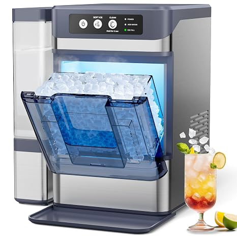 Nugget Ice Maker, 44Lbs/24H with 0.8 Gallon Tank, Soft Chewable Pellet Ice Ready in 5min Portable Ice Machine, Stainless Steels Ice Makers Countertop Self-Cleaning for Kitchens/Home/Office/Bar