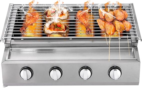 GB-04A 4 Burners BBQ Gas Grill,Removable Stainless Steel Barbecue LPG Griddle for Outdoor Patio Garden Camp Picnic Backyard Cooking