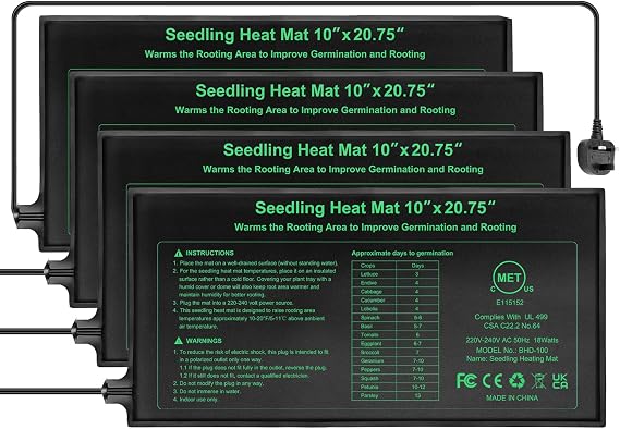 Seedling Heat Mat 10" x 20.75",Waterproof Plant Hydroponic Heating Mat for Seed Starting,Plant Germination and Reptile with Power-Off Protection（4 Pack）