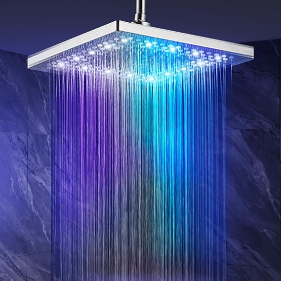 LED Shower Head, Doozoler High Pressure Light Up Shower Head, Rain Shower Head with 7 Color Changing, 8 Inch Square Overhead Rainfall Shower Head with Lights, Chrome