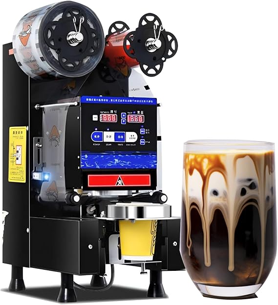 Commercial Fully Automatic Bubble Tea Cup Sealing Machine,600-800 Cups/H Digital Control LCD Panel Cup Sealer,for Milk Tea Coffee, Manual Automatic Dual Mode,Black