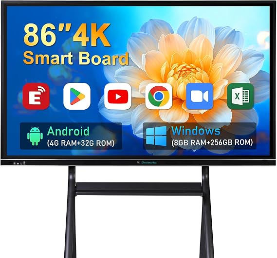 86 Smart Board, 4K UHD Touchscreen Interactive Whiteboard with Dual System, 8+256GB Digital Whiteboard Display for Classroom, Home and Business Office, Google EDLA Certified (Wall Mount Included)