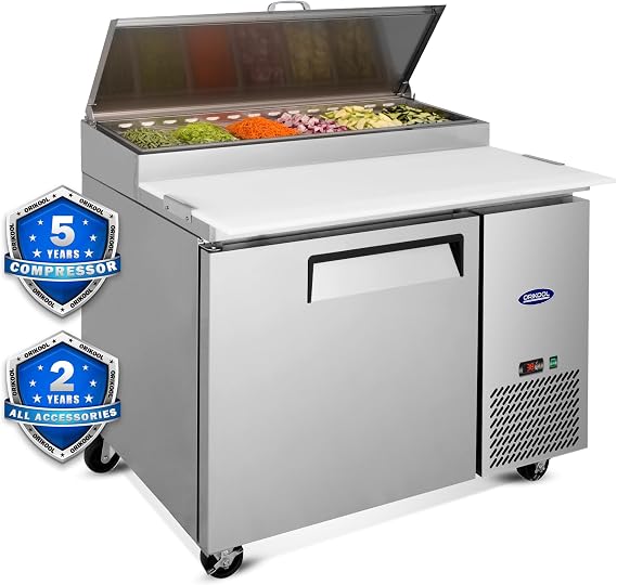 44" Commerical Pizza-Sandwich Prep Table Refrigerator - One Door Stainless Steel Refrigerator, 11 Cu.ft Capacity, Low Noise, Adjustable Shelves, Auto Defrost, Digital Temp Control